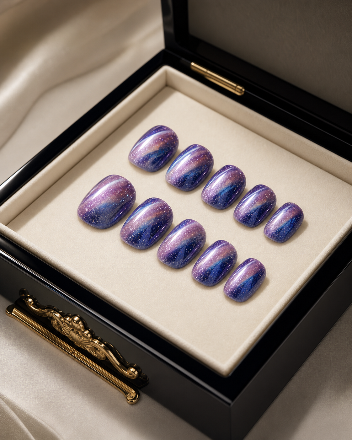 Purple and blue galaxy shimmer press-on nails in an ivory presentation box