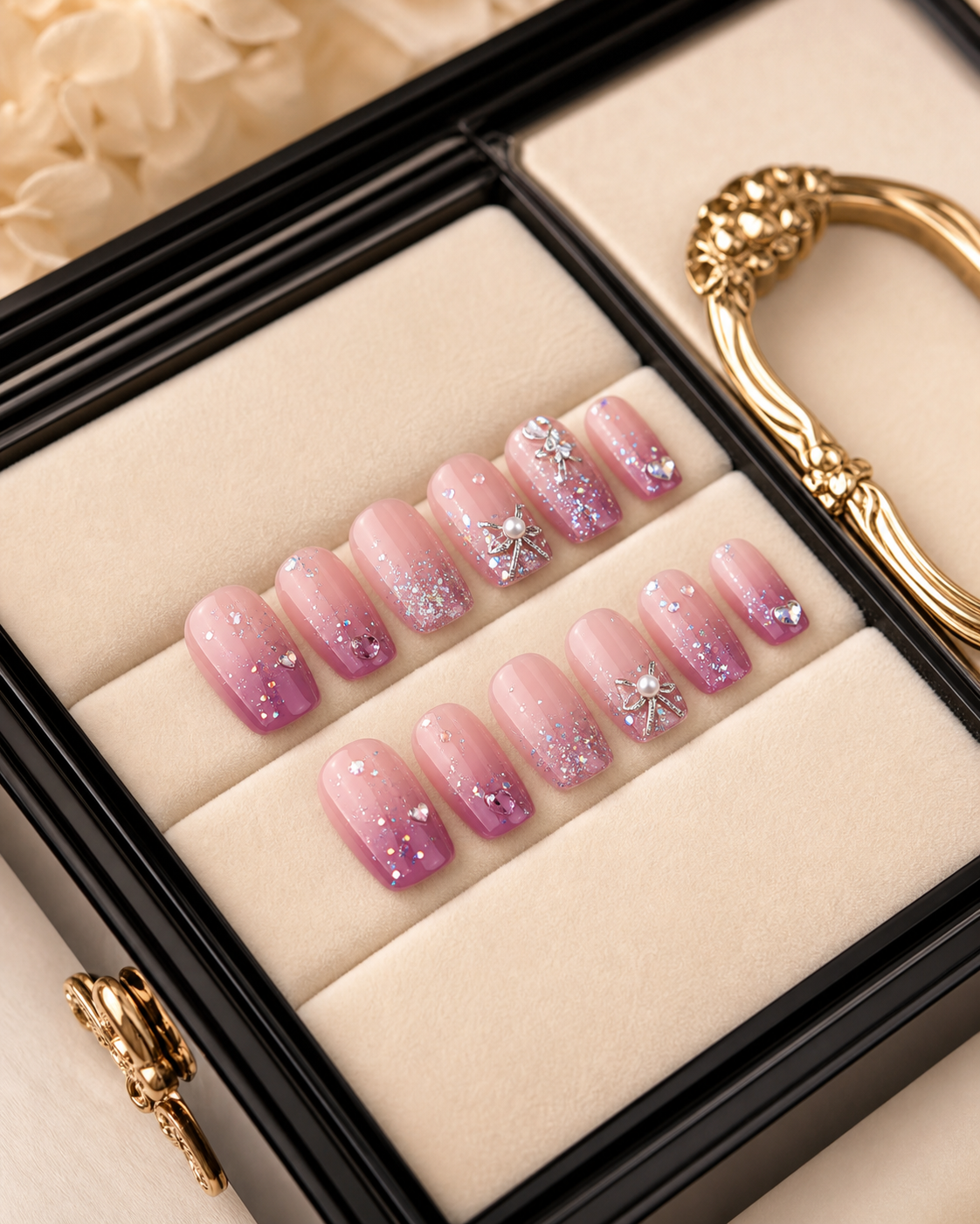 Pink-to-purple glitter press-on nails with delicate sparkle details in an ivory presentation box